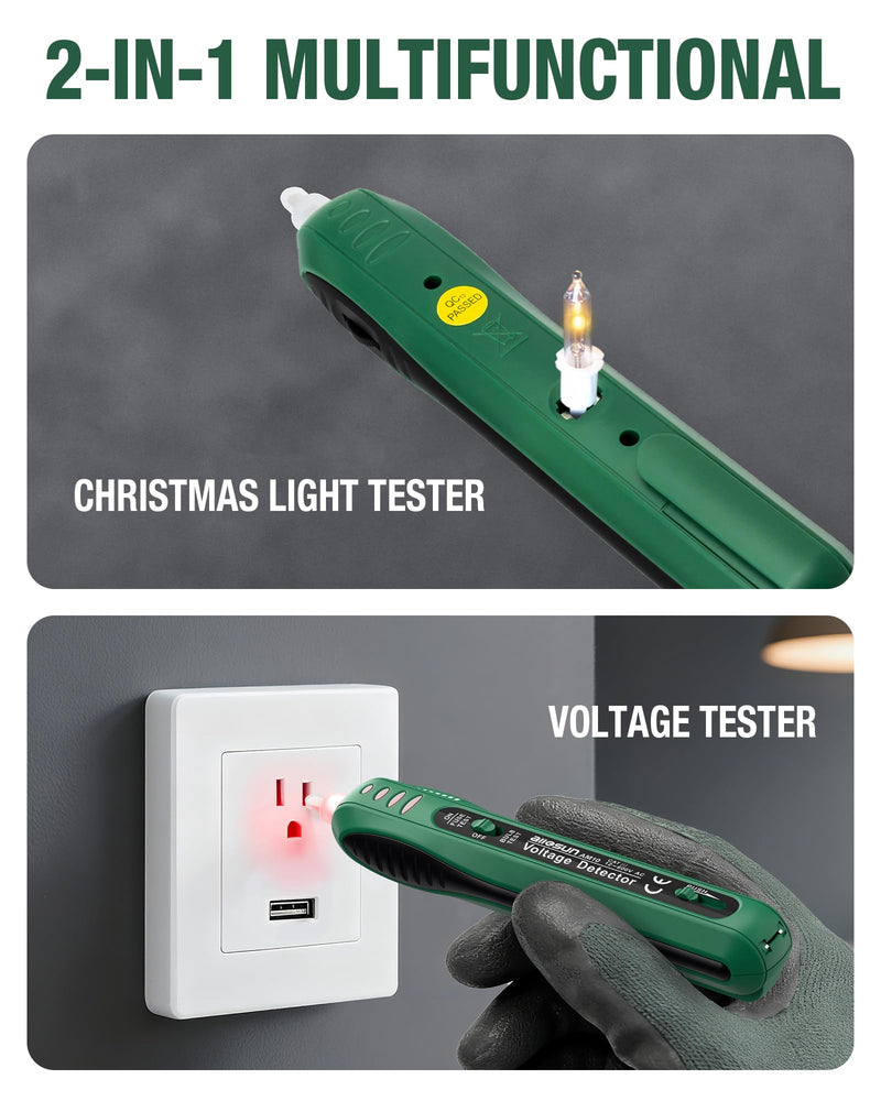 [Australia - AusPower] - ALLOSUN Christmas Light Tester Non Contact Voltage Tester with Fuse Tester & Bulb Remover, AC Voltage Detector 12V-600V, Stepless Sensitivity Control Christmas Light Bulb Tester, Green 