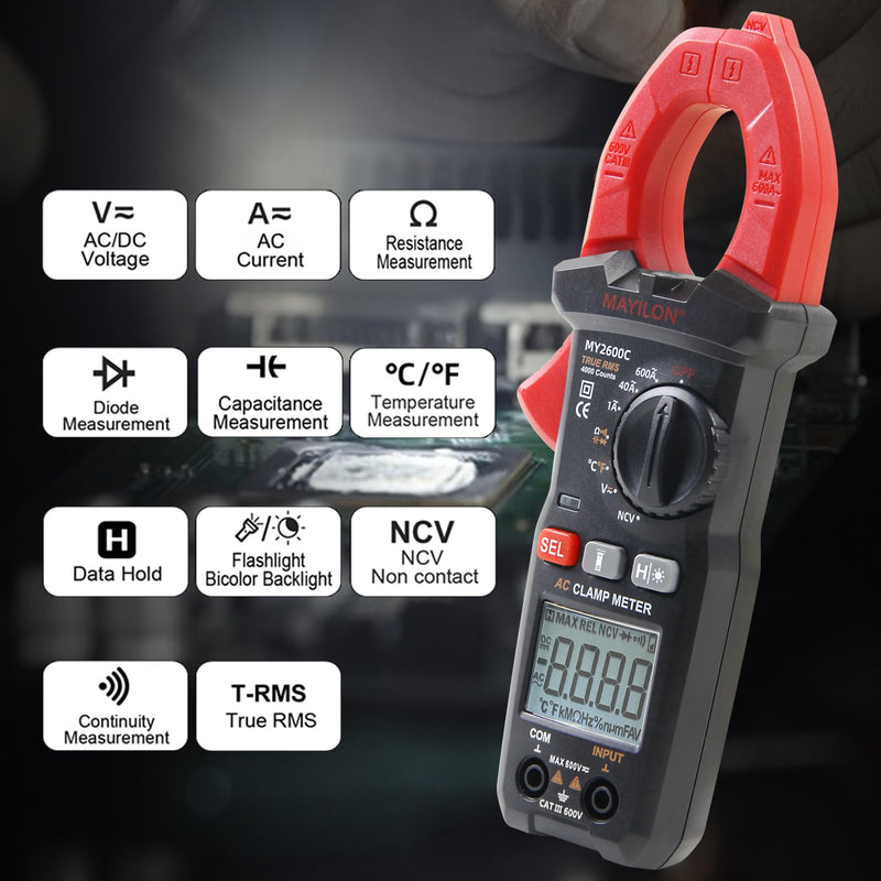 [Australia - AusPower] - MY2600C Clamp Meter AC 600A Amp Meter, 4000 Counts Digital Multimeter Voltage Tester, Measures Temperature, NCV, Voltage and Current Test, Diode, Resistance, Capacitance, Continuity 