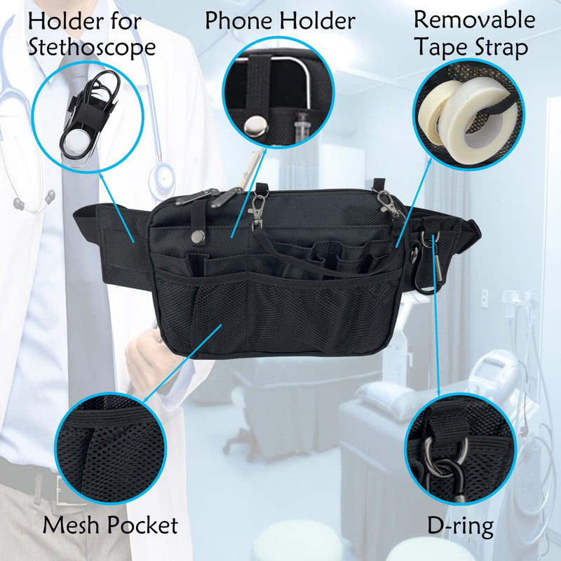 [Australia - AusPower] - Nurse Fanny Pack with Multi-Compartment Medical Waist Bag with Tape and Stethoscope Holder Utility Storage for Medical Supplies for Student and Nurses (Black) Black 