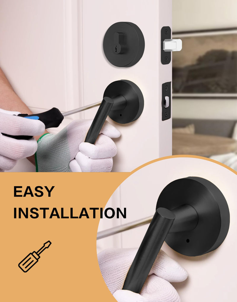 Lethato Black Door Handle and Deadbolt Set, Heavy Duty Front Door Lock Set, Exterior Door Lever Single Keyed Round Deadbolt Lock (1 Pack) Matte Black 1