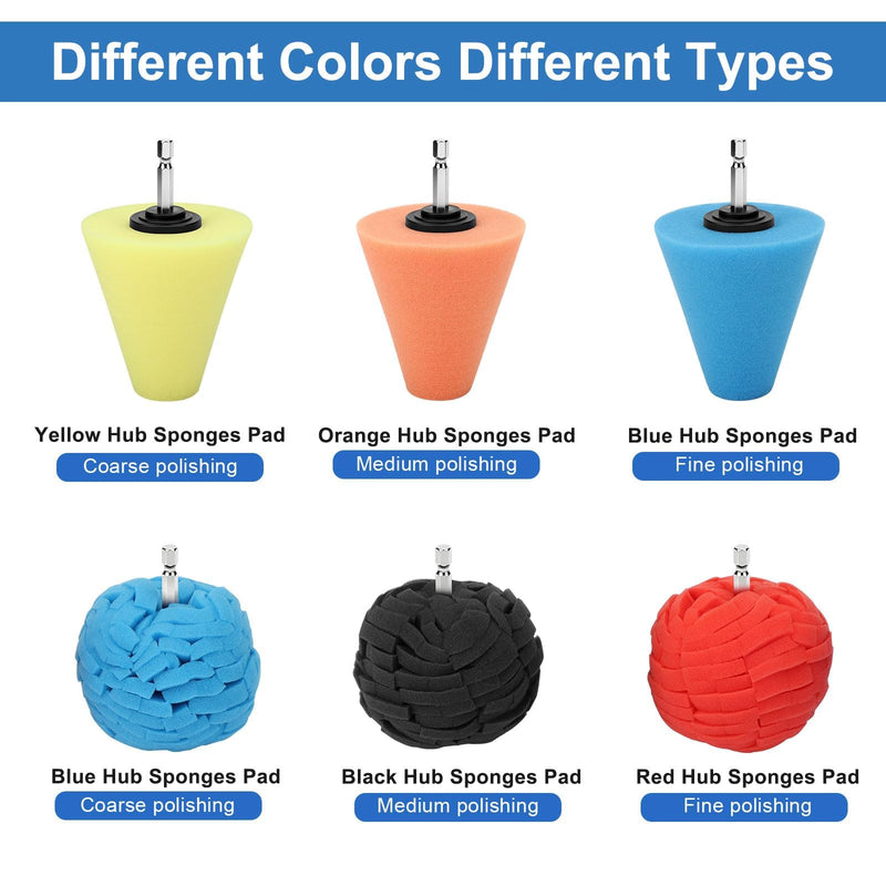 Linkstyle 8Pcs Drill Polishing Pads Kit, Foam Polishing Cone & Ball Set with Extension Holder & Brush, 1/4" Hex Drill Attachment for Car Wheel Hub Rim Metal Cone & Ball_8PCS