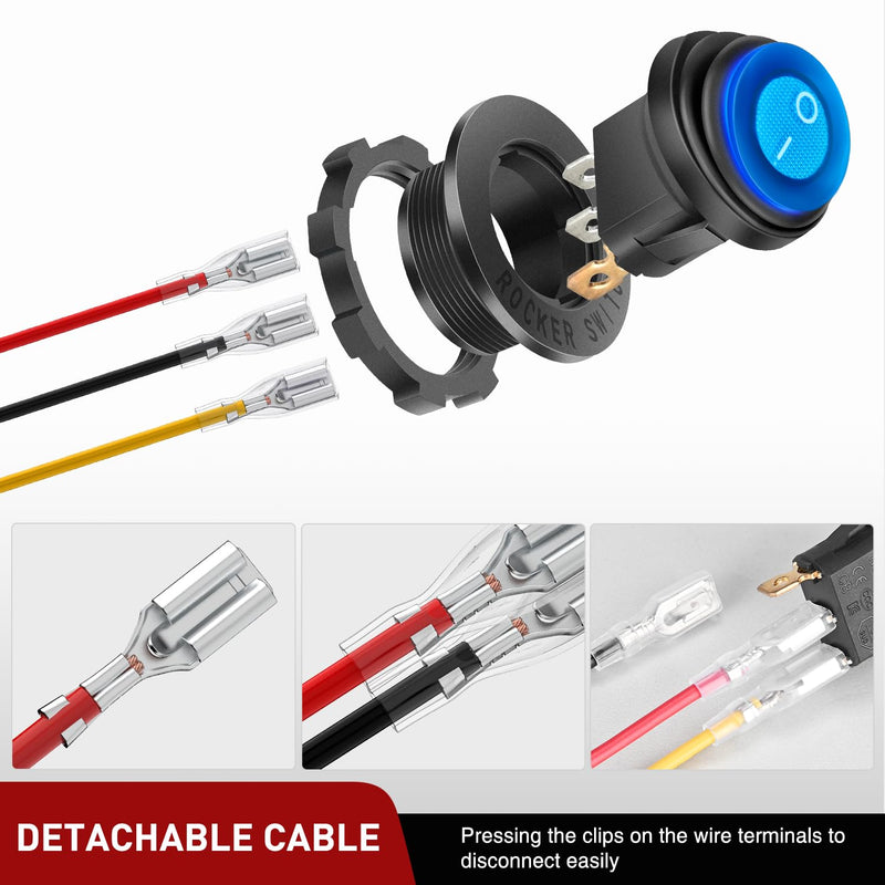 [Australia - AusPower] - Nilight 5PCS Waterproof Round Rocker Switch w/Wiring Harness Switches Holder 12V 24V Blue LED Lighted On Off Toggle Shell SPST 3Pin for Switch Panel Car RV Trucks Marine Boats Waterproof Switch + Switch Holder Automotive Switch 
