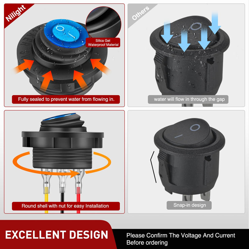 [Australia - AusPower] - Nilight 5PCS Waterproof Round Rocker Switch w/Wiring Harness Switches Holder 12V 24V Blue LED Lighted On Off Toggle Shell SPST 3Pin for Switch Panel Car RV Trucks Marine Boats Waterproof Switch + Switch Holder Automotive Switch 