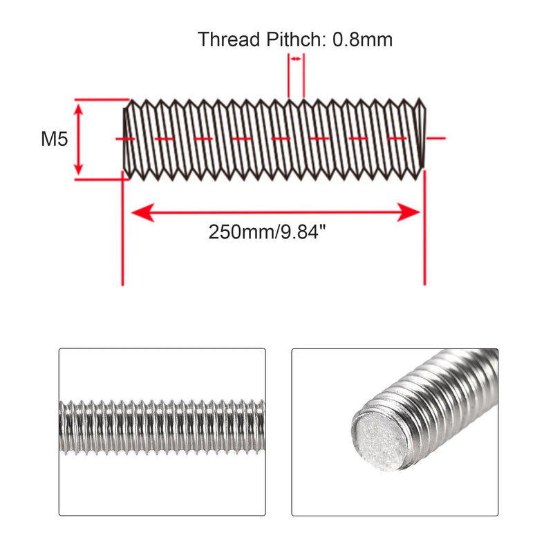 [Australia - AusPower] - M5 x 250mm Fully Threaded Rod & Studs, 304 Stainless Steel Right Hand Threads Rods, M5-0.8 Thread Pitch for Anchor Bolts, Clamps, Hangers and U-Bolts 4 Pack【with Nuts】 10-Inch 