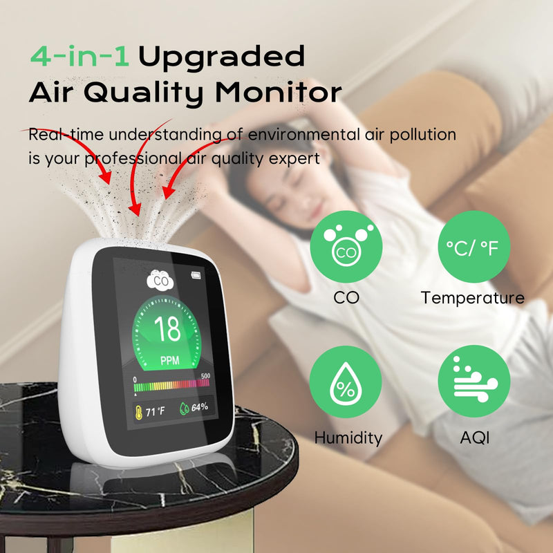 [Australia - AusPower] - Portable Carbon Monoxide Detectors for Travel,4-in-1 Indoor Air Quality Monitor, CO Detector Monitor Alarm with LCD Display Sound 120dB Warning, Carbon Monoxide with Temperature & Humidity for Home 