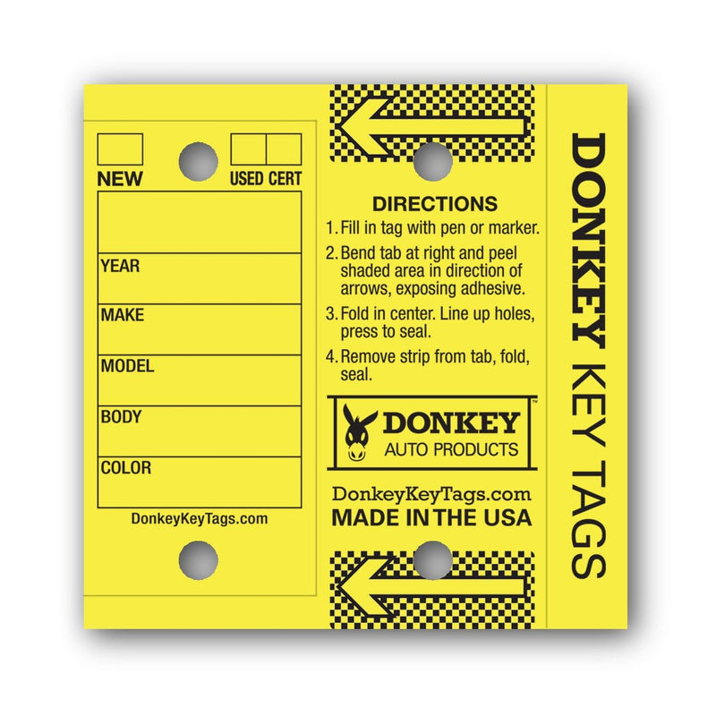 Donkey Key Tags, Laminated Self-Protecting (250 Tags Per Box with Metal Rings) (Yellow) Yellow