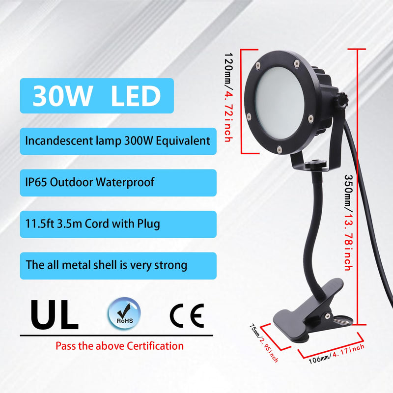 [Australia - AusPower] - Portable LED Clamp Work Light，Clip on floodlight with 11.5FT Cord（3.5M） 300W Equivalent， waterproofingt for Outdoor Indoor ，Adjustable Angle Lighting (30W-Warm White) 30W-Warm White 