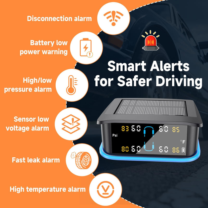 [Australia - AusPower] - GEARGO Tire Pressure Monitoring System, Real-time Solar Wireless TPMS with 4 Tire Pressure Sensor, Digital LCD Display, Auto Security Alarm for RV SUV MPV Truck Sedan 