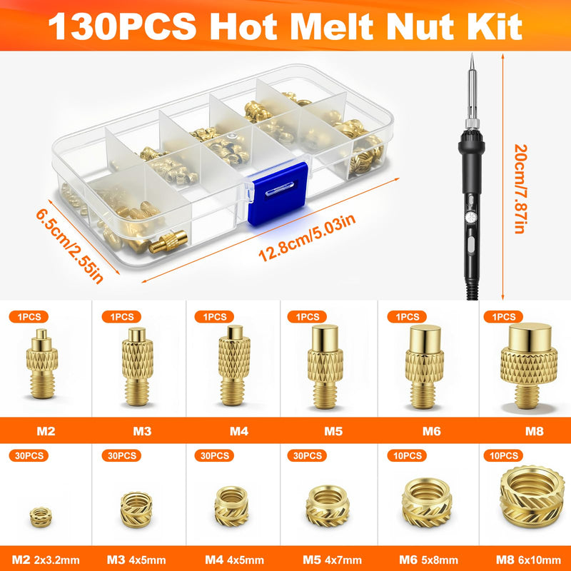 Threaded Insert Soldering Tips Set - with 60W Temperature Adjustable Soldering Iron | 138-piece melting thread for 3D printing, repair, electronics, brass, thread inserts M2/M3/M4/M5/M6/M8, with tweezers