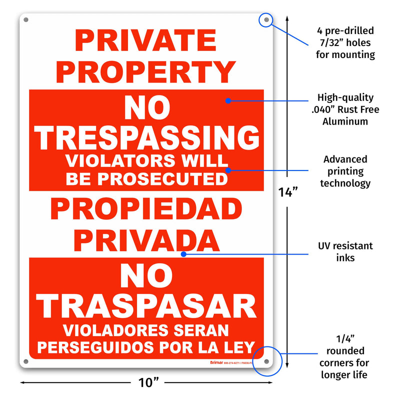 Brimar - 10" x 14" - Bilingual Violators Prosecuted No Trespassing Sign - .040″ Rust-Free Aluminum - Easy Installation - High Visibility 10"x14" Violators Prosecuted (Red)