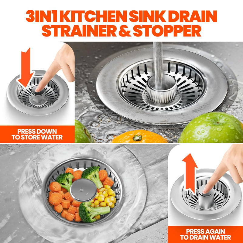 Kitchen Sink Drain Strainer & Sink Stopper, Upgraded 3 in 1 Stainless Steel Drain Plug Combo with Anti-Clog Basket, Pop Up Drain Cover for Standard 3-1/2'', Fits Double Bowl Kitchen Sinks 2pack Chrome Silver
