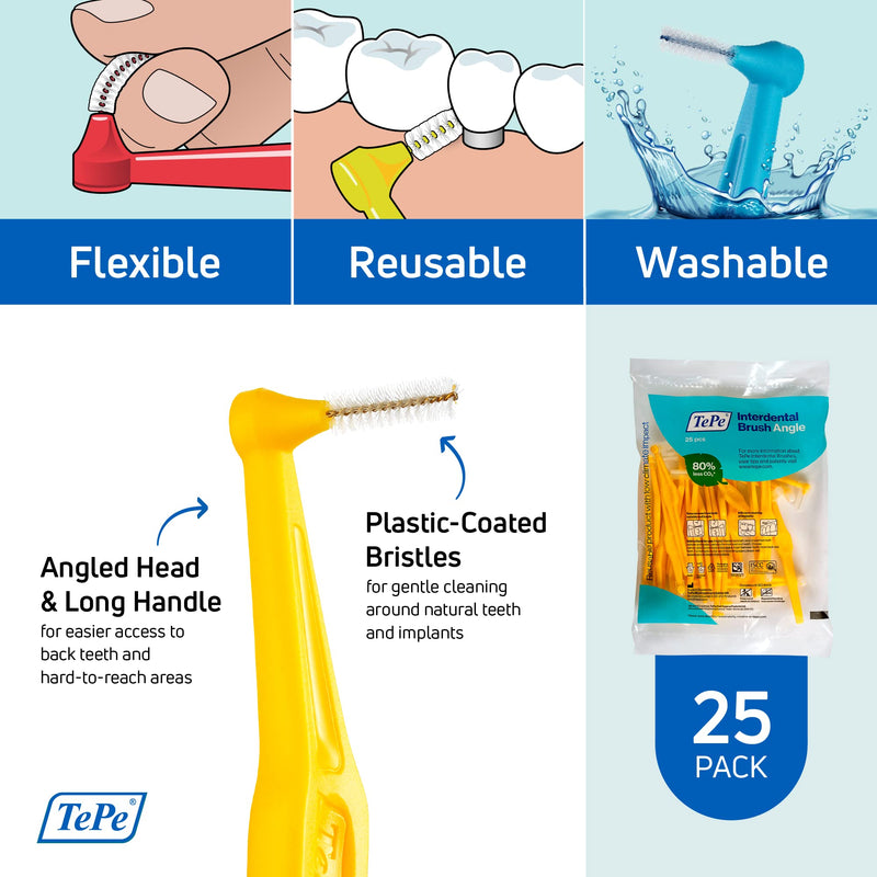 [Australia - AusPower] - TEPE Interdental Brush Angle, Angled Dental Brush for Teeth Cleaning, Pack of 25, 0.7 mm, Medium Gaps, Yellow, Size 4 1 Count (Pack of 1) 