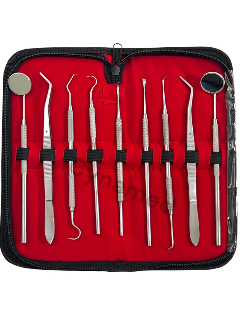 [Australia - AusPower] - GERMAN Dental Hygiene Kit 9 Piece Dentist Tools Anti Fog Mirror Dental Scaler Tarter Scraper Dental Pick Dental Tweezers for Calculus and Tartar Removal Gum Health Teeth Cleaning 
