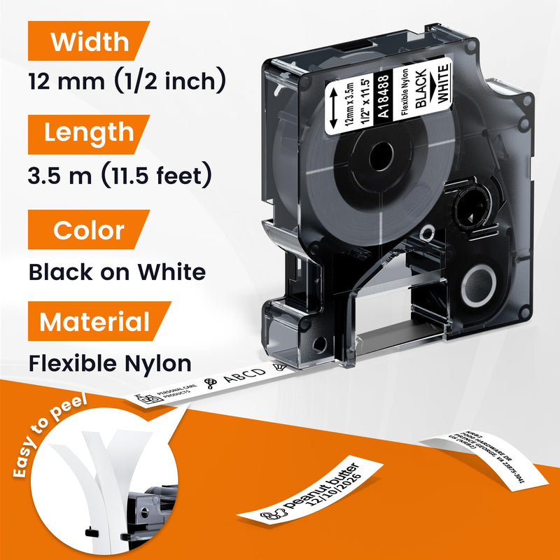 5-Pack Replacement for Dymo Rhino Flexible Nylon Labels 1/2" Rhino18488 Label Tape, Compatible with Dymo Rhino Pro LabelWriter Industrial Label Makers 4200 5200 6000, Black on White, 1/2" x 11.5' 1/2 Inch