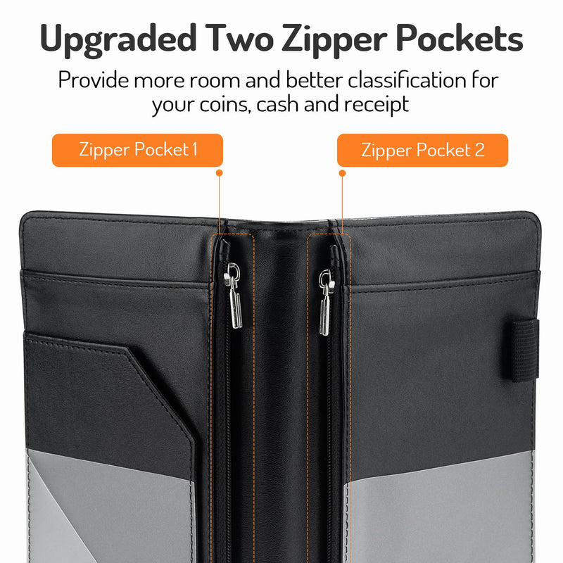 [Australia - AusPower] - Server Book with 2 Zipper Pockets, Leather Server Books for Waitress, Waiter Book, Sturdy Waitress Book with Money Pocket and Zipper, Servers Book Serving Waitress Accessories Fit Server Apron (Black) Black 
