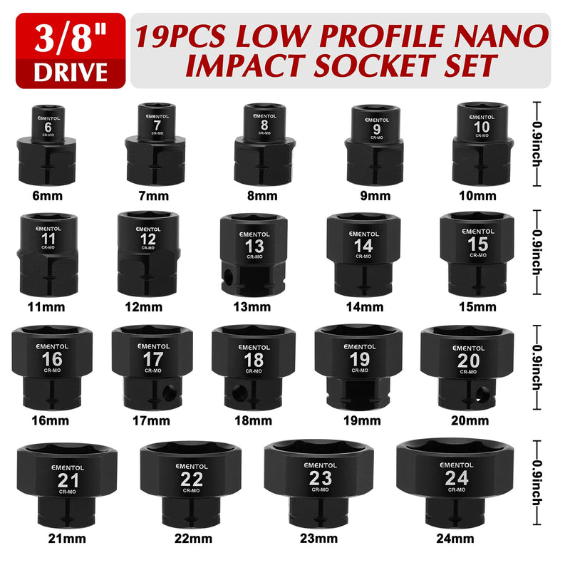 EMENTOL 19 Pieces 3/8" Drive Low Profile Nano Impact Socket Set, 6mm-24mm, Metric Stubby sockets, CR-MO 3/8" Drive (6mm-24mm)