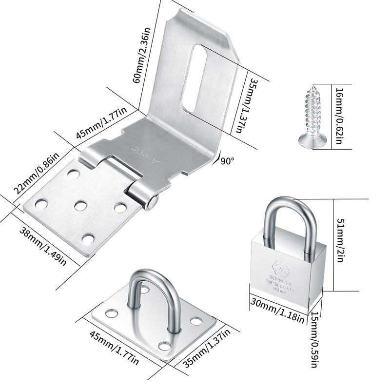 4 Inch 90 Degree Padlock Hasps, Stainless Steel Latch Lock Padlock Hasp with Padlock and Keys Set, Right Angle Safety Door Latches, Gate Lock Hasp Latches for Cabinets, Closets Doors (Silver) Silver