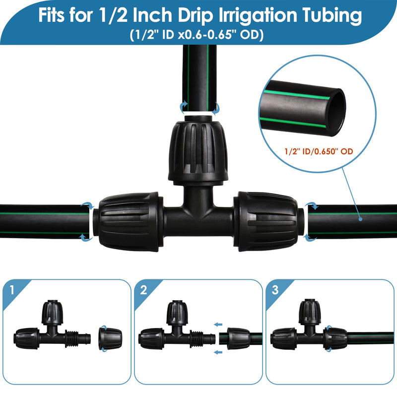 [Australia - AusPower] - 1/2" Drip Irrigation Tee Fittings: 10-Piece Barbed Locked Nut Tee Connectors for 1/2" Drip Tubing (0.650" OD, 13mm ID) Locked Tee-10P 