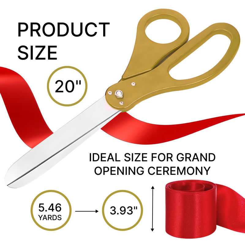 Grand Opening Ceremony Kit– 20 Inch Giant Scissors Gold with Red Ribbon for Inaugurations and Ceremonies Large Ceremonial Scissors for Ribbon Cutting Grand Opening Ribbon and Scissor for Special Event Gold Scissors + Red Ribbon