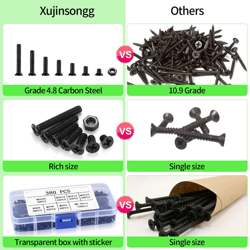 [Australia - AusPower] - M3 Flat Head Machine Screws and Hex Nuts Kit, 380 Pcs Black Countersunk Head Phillips Screws Bolts Nuts Assortment Kit - M3 x 4mm/ 6mm/ 8mm/ 10mm/ 12mm/ 16mm/ 20mm 