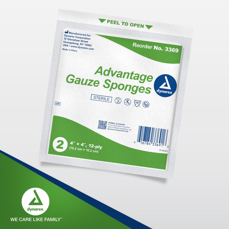 [Australia - AusPower] - Dynarex Advantage Woven Gauze Sponges 4" x 4" - Sterile 12-Ply Absorbent Cotton Gauze Pads for Wound Dressing - 25-Count Box 