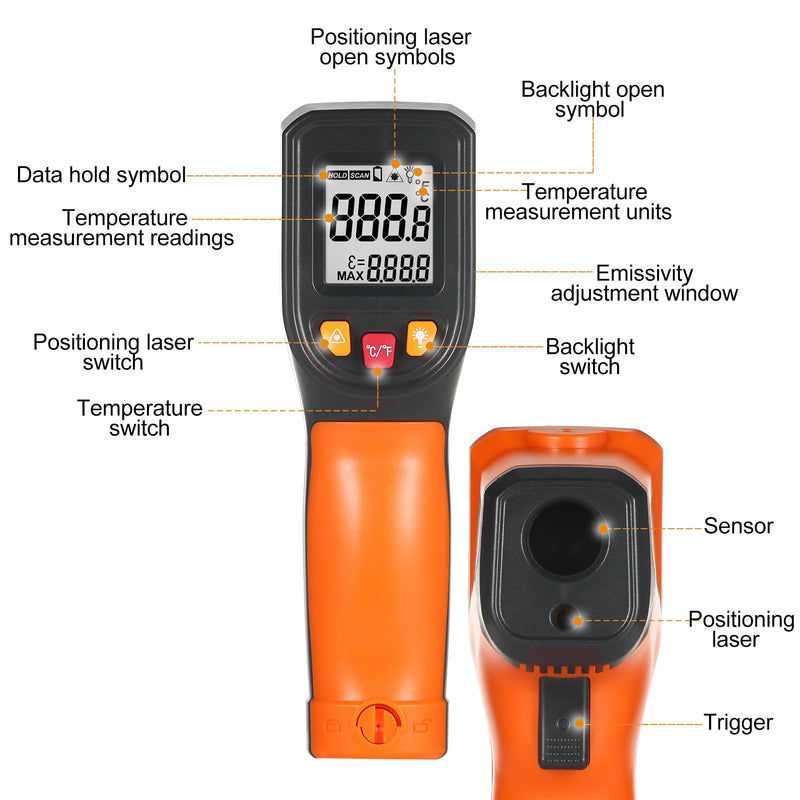 [Australia - AusPower] - Infrared Thermometer Non-Contact Digital Temperature Gun -50°C~600°C (-58°F~1112°F) with Emissivity Function IR Thermometer for Industrial, Kitchen Cooking, Automotive, Not for Human Body Temp 