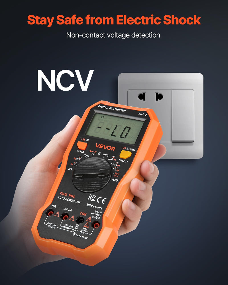 [Australia - AusPower] - VEVOR Digital Multimeter, 6000-Count TRMS DC/AC Voltmeter Current Tester, Professional NCV Multimeter for Current Voltage Resistance Capacitance Duty-Cycle Tempetature Diodes Continuity Live Wire Test 