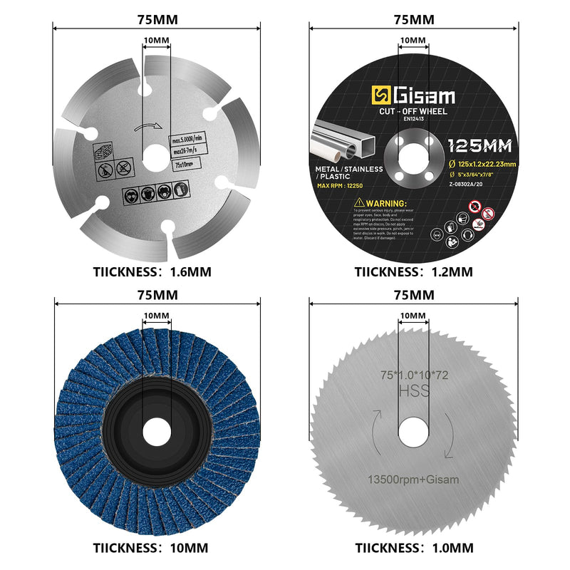 [Australia - AusPower] - Gisam 75 mm Professional Cutting Discs & Flap Discs, Bore Diameter 10 mm, Accessory Set for Diameter 76 mm Mini Battery Angle Grinder (1-75 mm, 21 Pieces) 1-75 mm, 21 pieces 