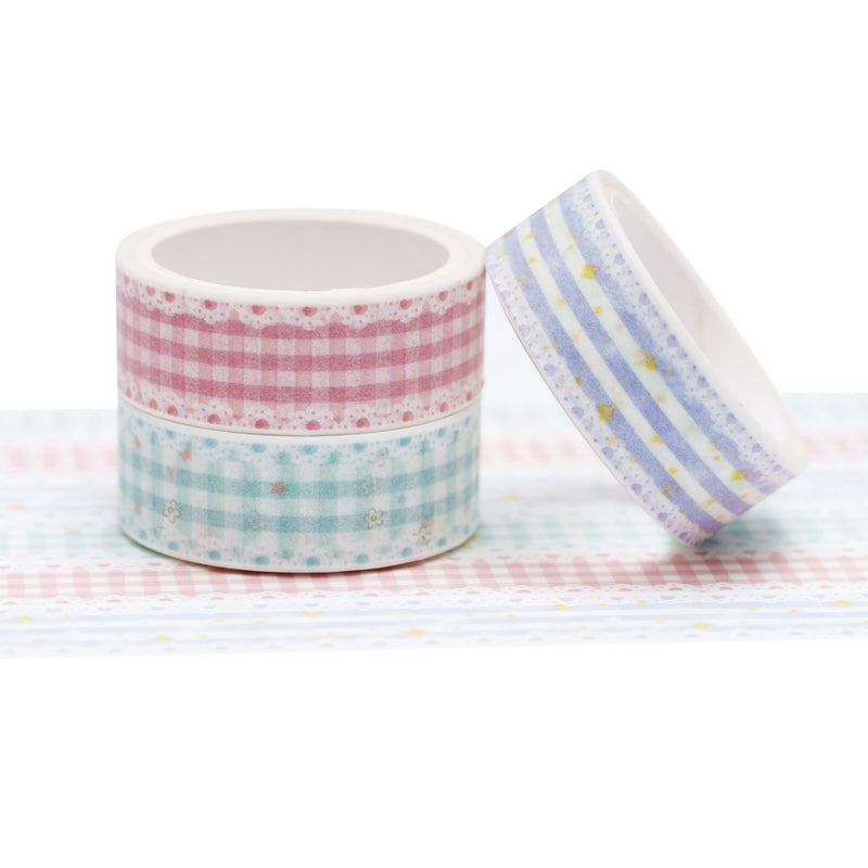 YUBBAEX Cute Printed Washi Tape 3 Rolls Japanese-Style Masking Tape Set Decorative for Arts, DIY Crafts, Journal Supplies, Planners, Scrapbook, Card/Gift Wrapping (Lace Checkered) Lace Checkered