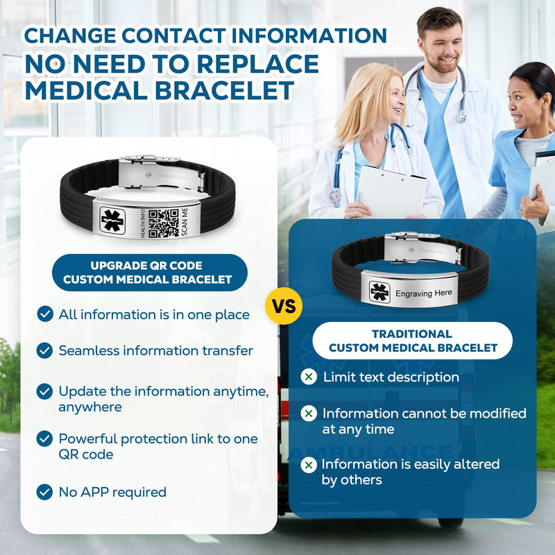 [Australia - AusPower] - Medical Bracelets for Men Women with QR Code Medical Alert ID Bracelets Sport Boy Girl - Silicone Waterproof Wristband Fits Wrists Up to 9 inches - More Space Custom Emergency Medical ID Alert Information 8.82'' Butterfly Clasp - Plus Black+Silver 