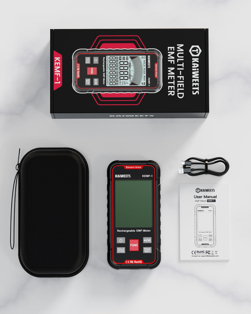 [Australia - AusPower] - KAIWEETS EMF Detector, 3-in-1 Handheld EMF Meter Detects EF, RF, MF, WiFi Signal, Rechargeable Radiation Detector with 3 Color Backlight and Sound Alarm, Suitable for Home, Office, Ghost Hunting 