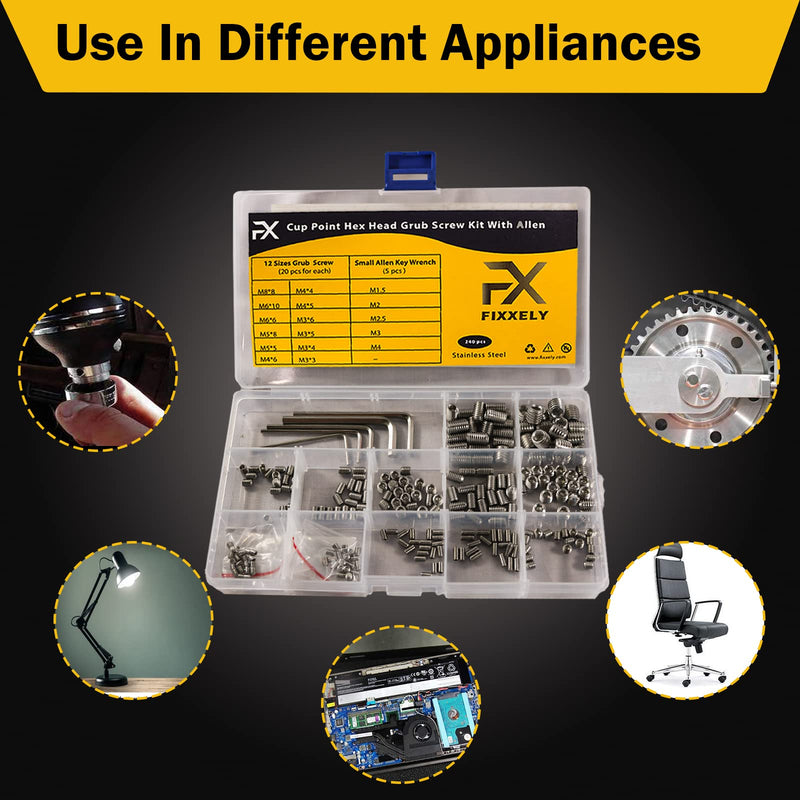 [Australia - AusPower] - Set Screws Assortment Kit - 240 (M3, M4, M5, M6, M8), Metric 304 SS Grub Screws Cup Point & Hex Head with 5 Allen Keys (M1.5-M4) - Ideal for Door Handles, Home Repairs and More 1 240 Pcs - M3,M4,M5,M6,M8 
