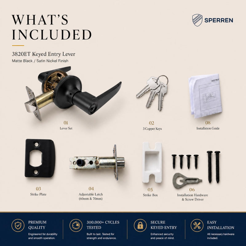 Premium Lever Keyed Entry Door Lock with 3 Keys, Universal Door Knob Hardware, Entrance or Bedroom Version, Matte Black, Zinc Alloy
