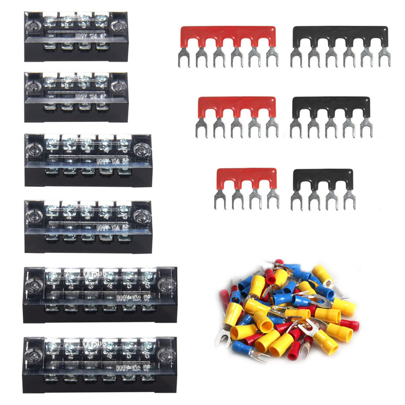 MILAPEAK Terminal Block and Strip - 6 Sets 4/5/6 Positions 600V 15A Dual Row Wire Screw Terminal Strip with Cover + Pre-Insulated Terminals Barrier Strips Jumpers and Insulated Fork Wire Connectors