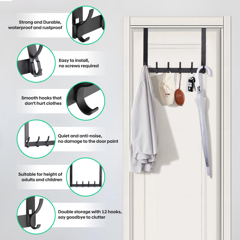 [Australia - AusPower] - Over The Door Hooks,No Nail Over Door Hanger Holder,No Assembly Required Large Over The Door Towel Rack with 12 Hooks, Heavy Duty hooks for Bathroom,Bedroom,Kitchen,Hanging Towels,Coats (Black) 1 Black 