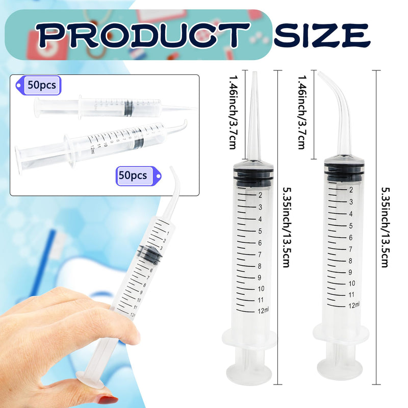 [Australia - AusPower] - 100 Pcs 12ml Plastic Syringes with Curved Tip and Straight Tip Disposable Irrigation Syringe with Measurement Dispensing Syringe Tools for Oral Care Animal Feeding 