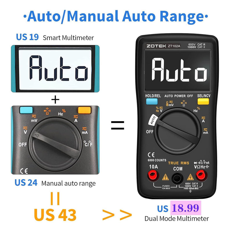 [Australia - AusPower] - ZOYI ZT102A High-Precision True RMS Auto-Ranging 6000 Count Digital Intelligent Multimeter with Burnout Protection for Home Appliance Repair Temperature Measurement Universal Meter 