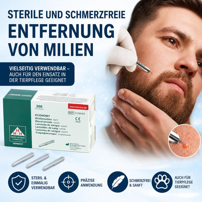 Blood Lancets 200 per Box - Sterile Lancets for Blood Glucose Measurement - Milia Lancets / Milia Lancets Stainless Steel Applications: Acne, Pimples, Ingrown Hair, Splitter. Heinz Herenz