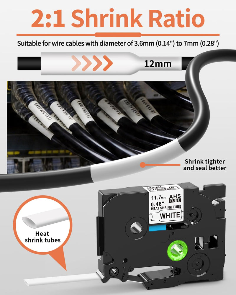HSe-231 HSe231 Heat Shrink Label Replacement for Brother P Touch Heat Shrink Tube Wire Cable Label Tape 11.7mm 0.46'', Compatible with PT-E300 PT-E500 PT-E510VP PT-E560BTVP, Black on White, 4-Pack 0.46" (11.7mm)