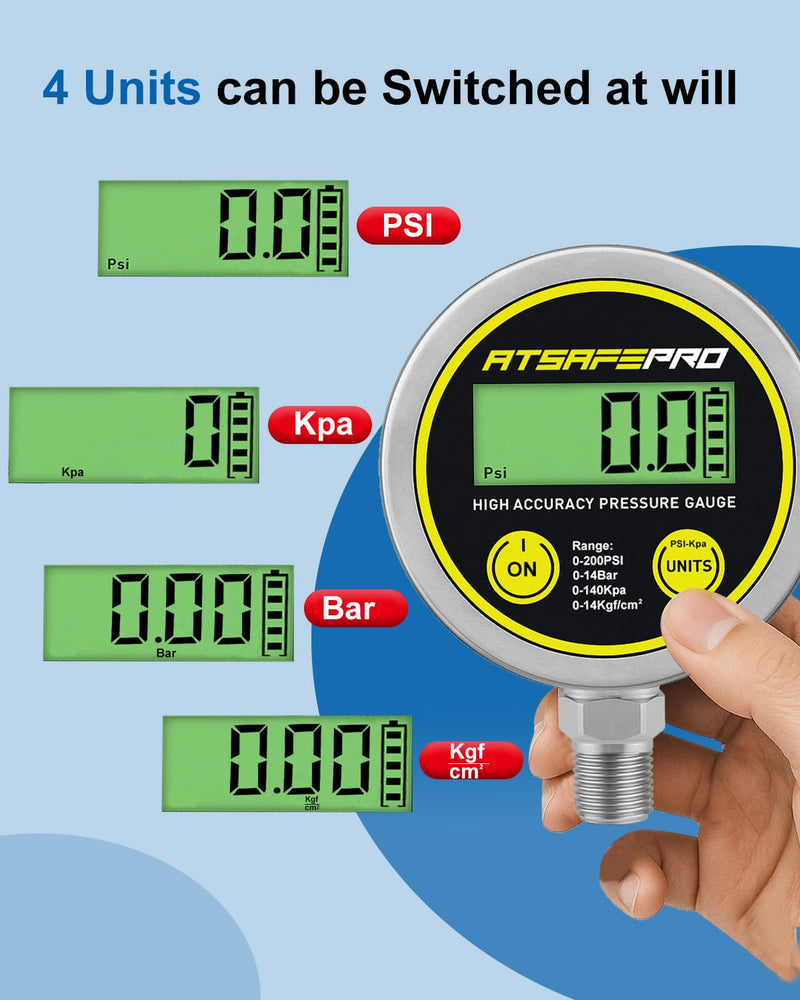 [Australia - AusPower] - Digital Pressure Gauge-200psi,Stainless Steel Digital Water Pressure Gauge-2.9-Inch LCD Display,1/4-Inch NPT Bottom Thread,Suitable for Measuring Hydraulic, Oil, Water,and Air Pressure 200 PSI 