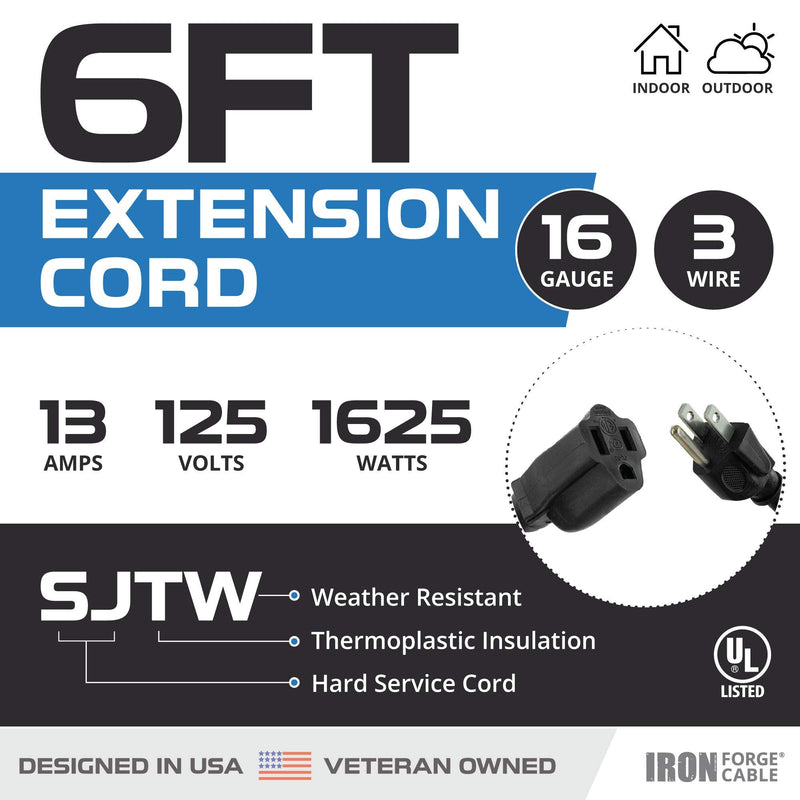 [Australia - AusPower] - Iron Forge Cable 6 Ft Black Extension Cord, 16/3, 6 Foot Extension Cord, 3 Prong, Weatherproof - Great for Outside Use 6FT 