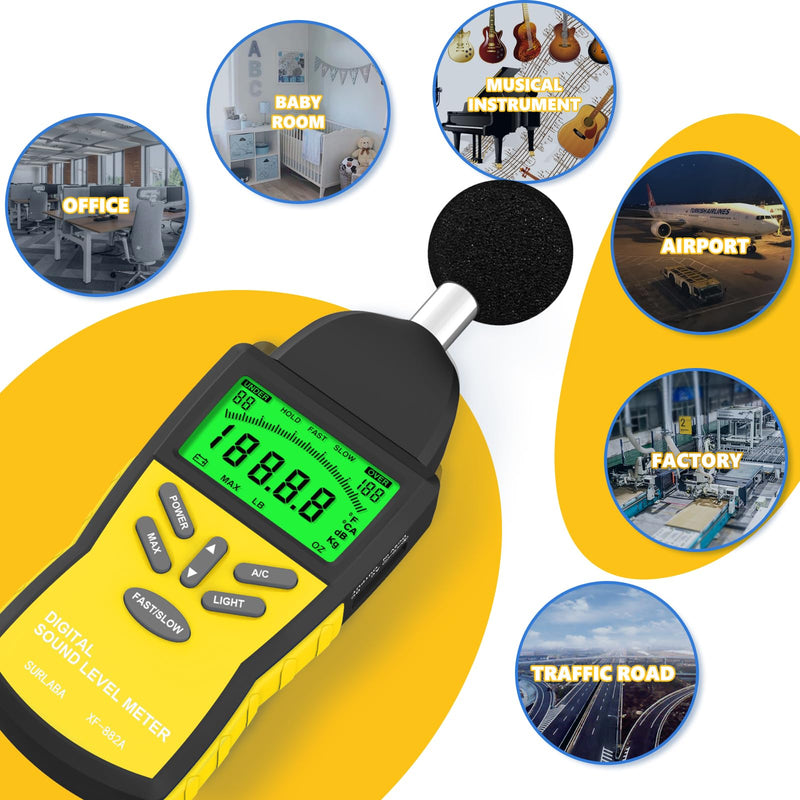 [Australia - AusPower] - Decibel Meter, 30-130 dB Digital Sound Level Meter with A/C Weighting, Backlight, Data Logging - Noise Detector SPL Meter for Home, Factory, Construction Sites 