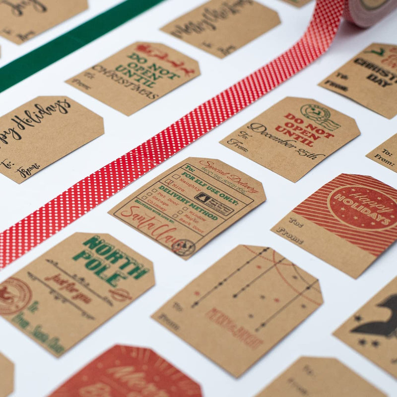 Do Not Open Until December Christmas Gift Tags Stickers – 2 x 3 Inch Natural Kraft Paper Stickers – 25 Adhesive Holiday Labels with 4 Different Vintage Designs– Eco-Friendly, Made in USA