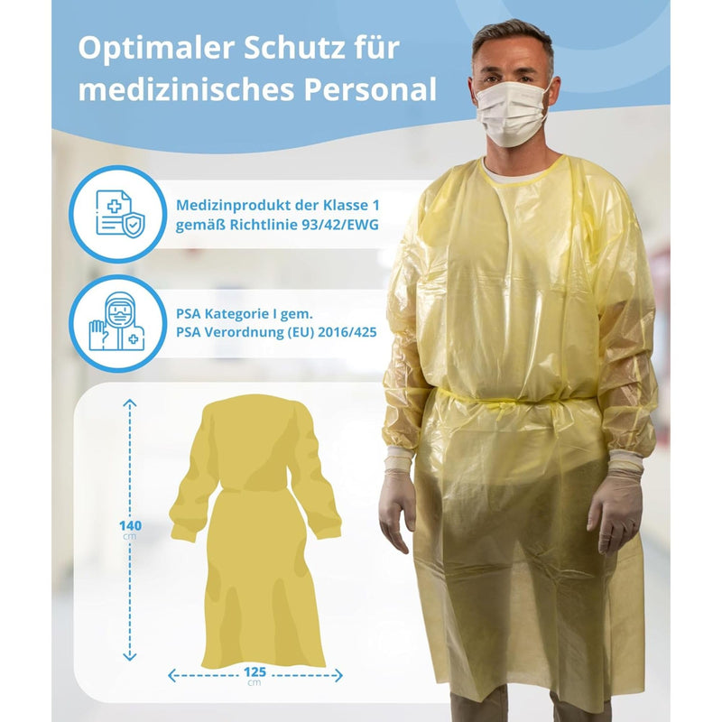 Pack of 10, yellow, disposable PP + PE protective gown, optimal protection, disposable gown with knitted cuffs and fastener, premium surgical gown (125 x 140 cm)