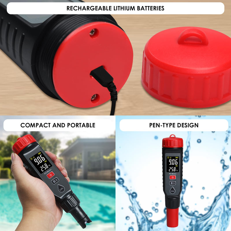 [Australia - AusPower] - Digital PH Meter with LCD Display, Temperature Measurement, Automatic Calibration, Data Hold & Backlight Alarm – High Accuracy, Auto Shutdown, ℃/℉ Switch, Rechargeable for Water Quality Testing 