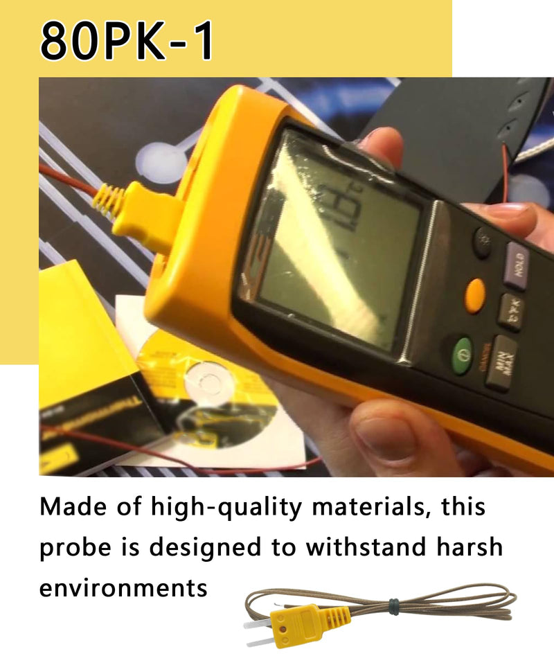 [Australia - AusPower] - 80PK-1 K-Type Temperature Bead Probe Compatible with Fluke Multimeter,-40 to 260°C Temperature Line with Connector(1-Meter Long) 