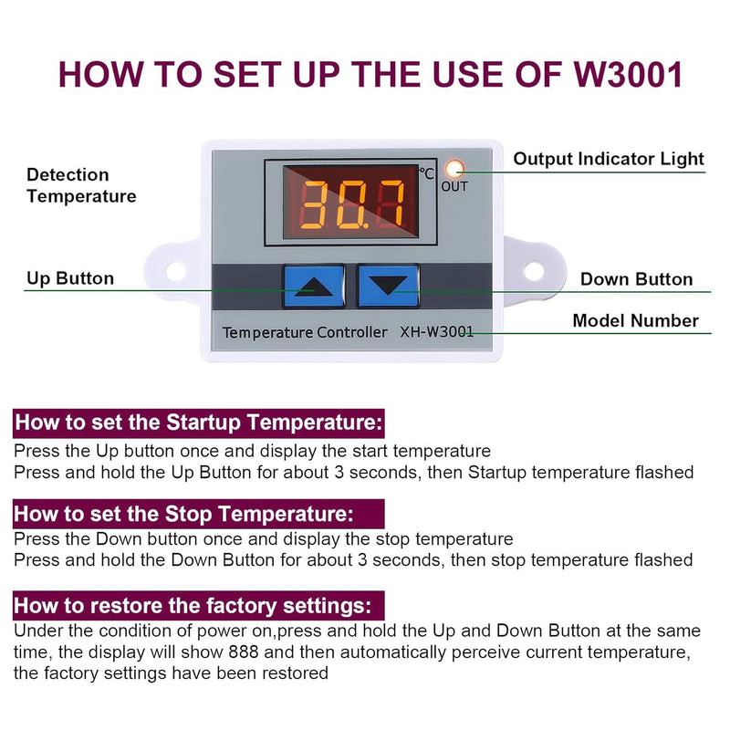 Gebildet XH-W3001Mini 2-Piece Digital LED Temperature Control Module with Quick Connection, Thermostat Switch with Waterproof Sensor Probe, Programmable Heating/Cooling Thermostat from 50 to 110 Degrees (12 V) 12 V