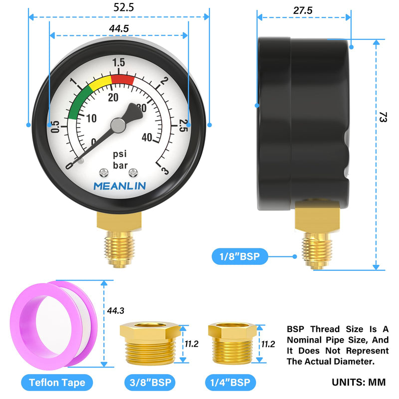 MEANLIN MEASURE 0~3Bar/0~40Psi Swimming Pool Pressure Gauge, 1/8 Inch BSP 2 Inch Face Dial for Pools, Hot Tubs, Fish Ponds, with 1/4 Inch BSP and 3/8 Inch BSP Hex Socket, Bottom Mounting 1/8"BSP Bottom mounted