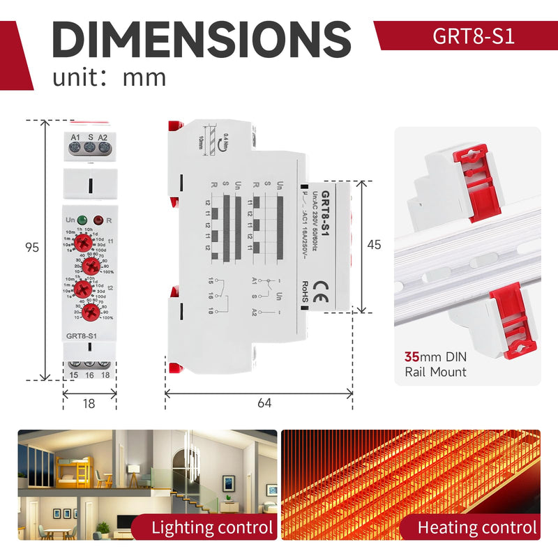 Asymmetric Cycle Timer Relay 1SPDT AC 230V 16A Long or Short Period Repeat Cycle Tntermittent Timer Electronic Relay in Din Rail (GRT8-S1 AC 230V) GRT8-S1 AC 230V