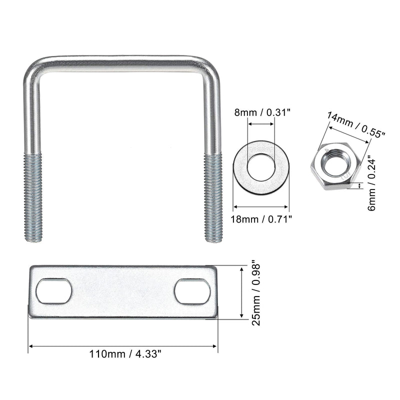 [Australia - AusPower] - uxcell Square U-Bolts 3-1/4"(82mm) Inner Width Carbon Steel M8 with Nuts, Frame Plate, Round Washers 4 Set 82x75mm(W*L) 